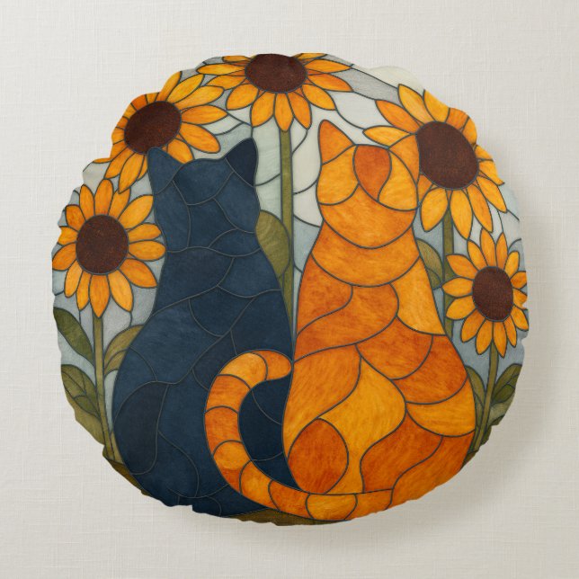 Stained Glass Cats and Sunflowers Art Design Rond Kussen (Voorkant)