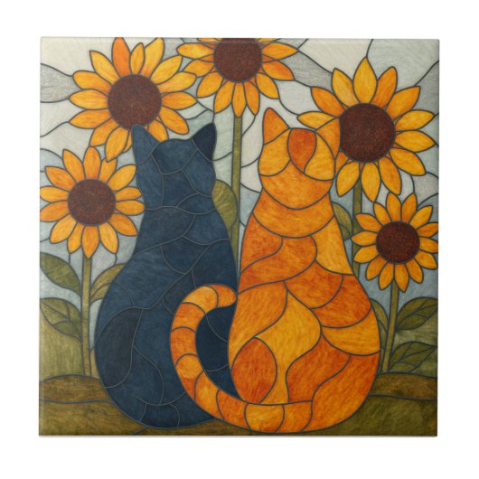 Stained Glass Cats and Sunflowers Art Design Tegeltje (Voorkant)