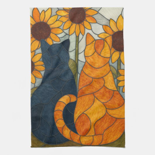 Stained Glass Cats and Sunflowers Art Design Theedoek (Verticaal)