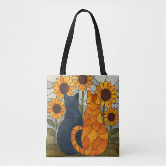 Stained Glass Cats and Sunflowers Art Design Tote Bag (Voorkant)