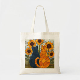 Stained Glass Cats and Sunflowers Art Design Tote Bag