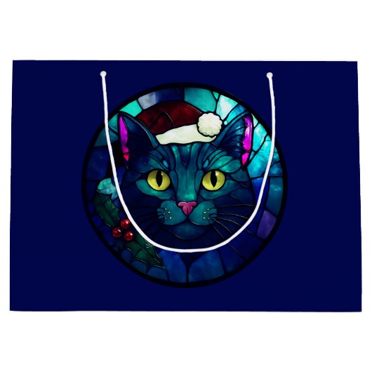 Stained-Glass Christmas Black Cat In Red Hat Groot Cadeauzakje (Voorkant)