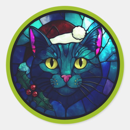 Stained-Glass Christmas Black Cat In Red Hat Ronde Sticker (Voorkant)