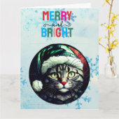 Stained-Glass Christmas Grey Tabby In Green Hat Kaart (Gele Bloem)