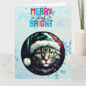 Stained-Glass Christmas Grey Tabby In Green Hat Kaart (Voorkant)