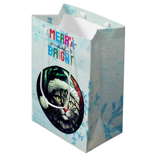 Stained-Glass Christmas Grey Tabby In Green Hat Medium Cadeauzakje (Voorkant Gekanteld)
