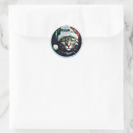 Stained-Glass Christmas Grey Tabby In Green Hat Ronde Sticker (Tas)