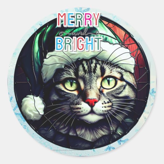 Stained-Glass Christmas Grey Tabby In Green Hat Ronde Sticker (Voorkant)