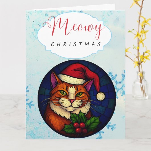 Stained-Glass Christmas Orange Tabby Cat Kaart (Gele Bloem)