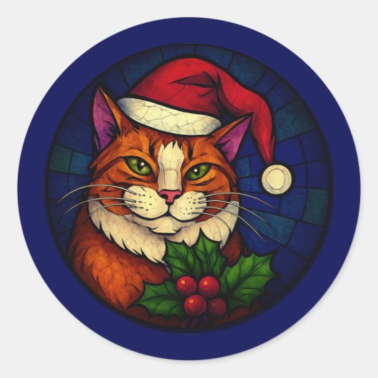 Stained-Glass Christmas Orange Tabby Cat Ronde Sticker (Voorkant)
