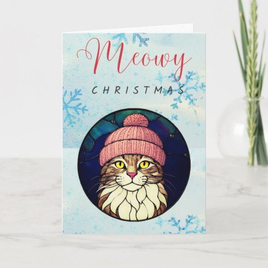 Stained-Glass Christmas Tabby Cat In Pink Cap Feestdagen Kaart (Voorkant)
