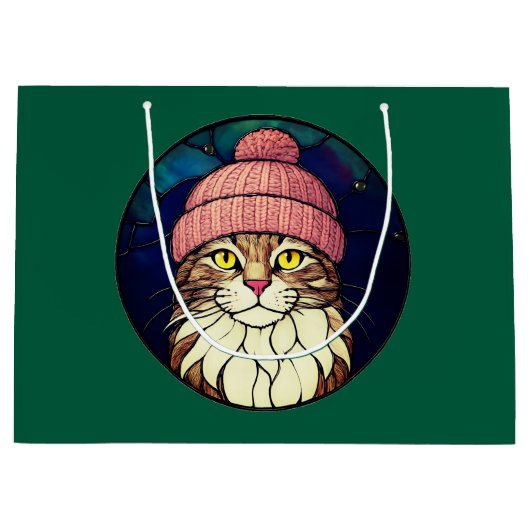 Stained-Glass Christmas Tabby Cat In Pink Cap Groot Cadeauzakje (Voorkant)