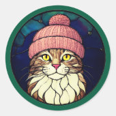 Stained-Glass Christmas Tabby Cat In Pink Cap Ronde Sticker (Voorkant)