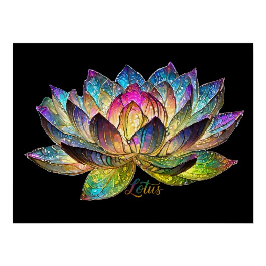 Stained Glass Colorful Lotus Flower on Black Perfect Poster (Voorkant)