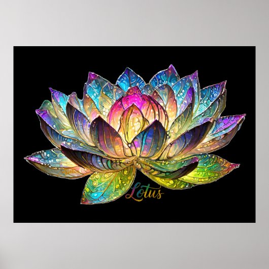 Stained Glass Colorful Lotus Flower on Black Poster (Voorkant)