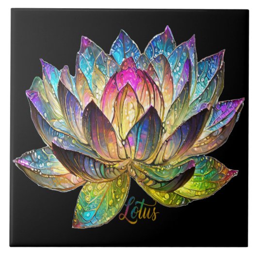 Stained Glass Colorful Lotus Flower on Black Tegeltje (Voorkant)