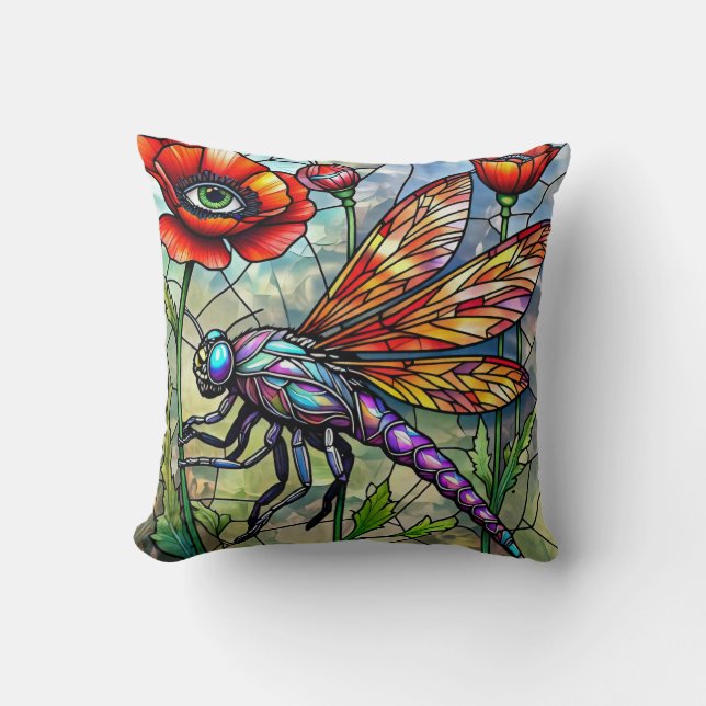 Stained Glass Dragonfly Poppies Unique Eye Art  Kussen (Voorkant)