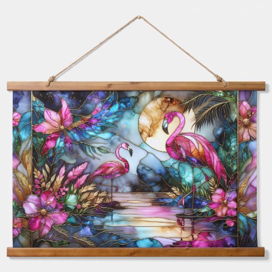 Stained Glass Flamingo Moon Garden Hangend Wandkleed (Voorkant)