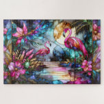 Stained Glass Flamingo Moon Garden Legpuzzel<br><div class="desc">A dreamy stained glass–inspired scene unfolds beneath a glowing moon where graceful pink flamingos stand among lush tropical blooms and flowing water. Jewel-toned blues, teals, magentas, and warm gold outlines create a luminous mosaic effect reminiscent of art nouveau glasswork and ornate window panels. Large botanical flowers, delicate leaves, and soft...</div>