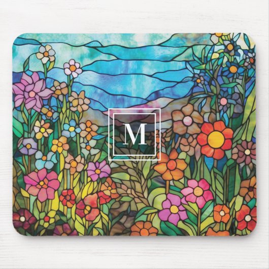 Stained Glass Flower Garden Monogram Mousepad Muismat (Voorkant)