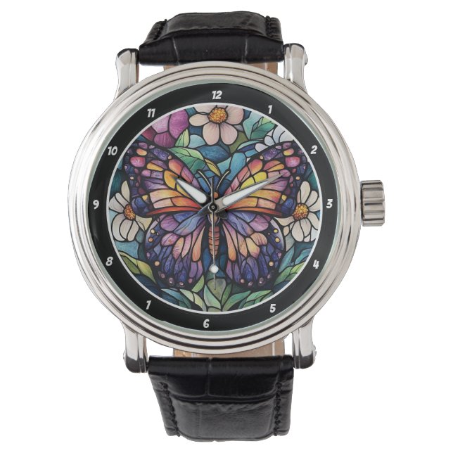 Stained Glass Garden" - Butterfly & Floral  Horloge (Voorkant)