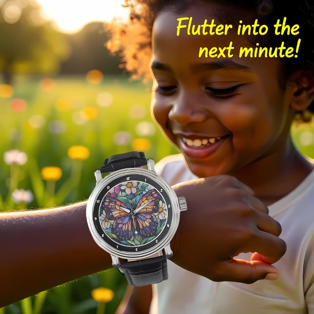Stained Glass Garden" - Butterfly & Floral  Horloge (Creator heeft geüpload)