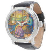 Stained Glass Grandma Knitting, Cat & Cozy Home  Horloge (Gekanteld)