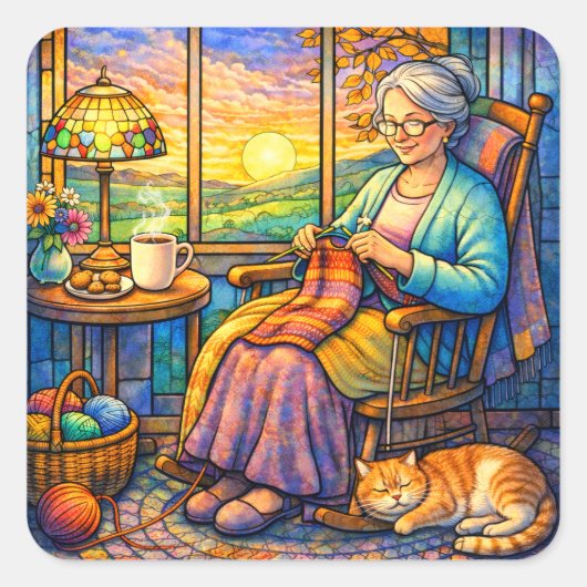 Stained Glass Grandma Knitting, Cat & Cozy Home  Vierkante Sticker (Voorkant)