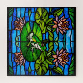 Stained Glass Green Frog and Water Lily Flowers Legpuzzel (Horizontaal)
