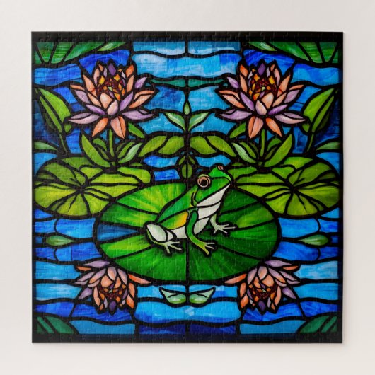 Stained Glass Green Frog and Water Lily Flowers Legpuzzel (Verticaal)