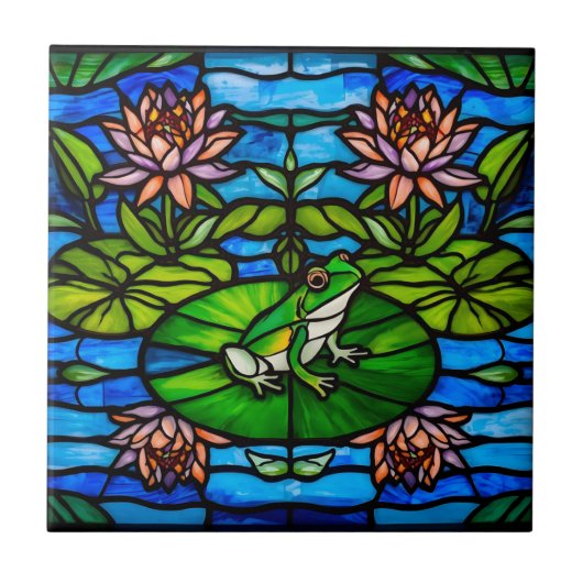 Stained Glass Green Frog and Water Lily Flowers  Tegeltje (Voorkant)