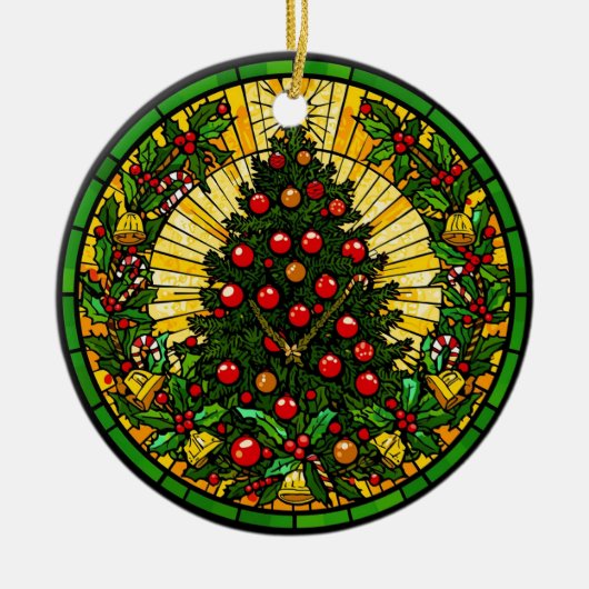 Stained Glass Holly & Bells Tree Keramisch Ornament (Voorkant)