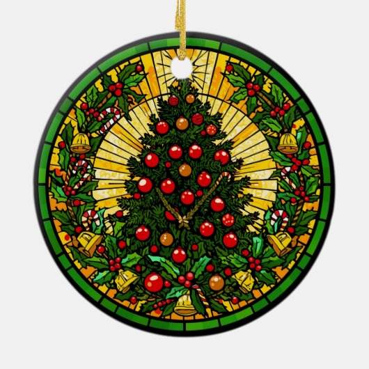 Stained Glass Holly & Bells Tree Keramisch Ornament (Achterkant)