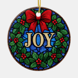 Stained Glass Holly Wreath JOY Keramisch Ornament