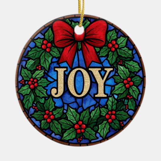 Stained Glass Holly Wreath JOY Keramisch Ornament (Voorkant)