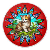 Stained Glass Kitten Floral Keramische Knop (Voorkant)