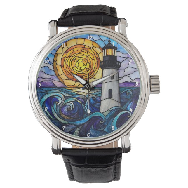Stained Glass Lighthouse Ocean Sunset Horloge (Voorkant)