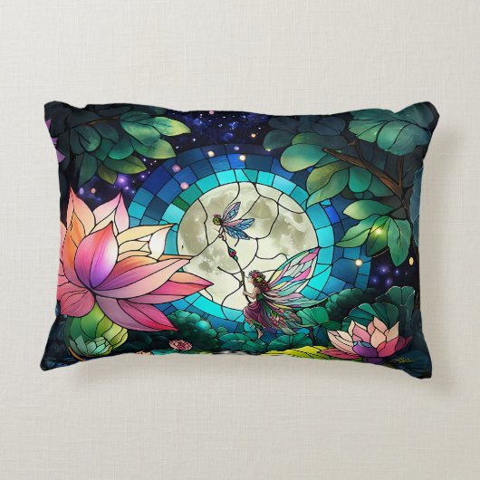 Stained Glass Little Fairy With Dragonfly Accent Kussen (Achterkant)