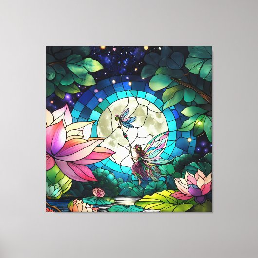 Stained Glass Little Fairy With Dragonfly Canvas Afdruk (Voorkant)