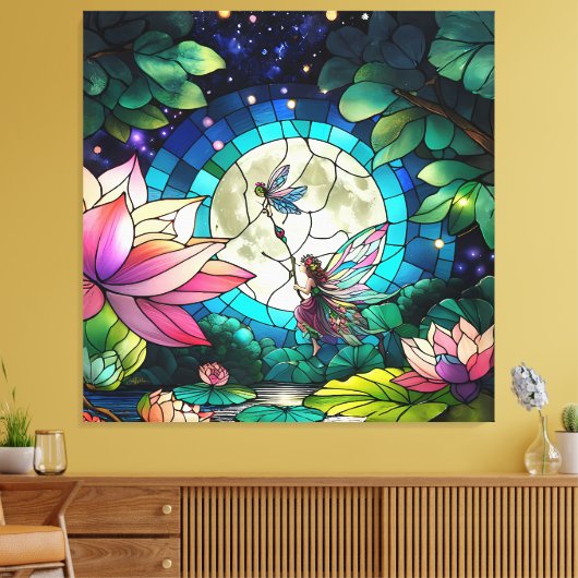 Stained Glass Little Fairy With Dragonfly Canvas Afdruk (Insitu (Woonkamer))