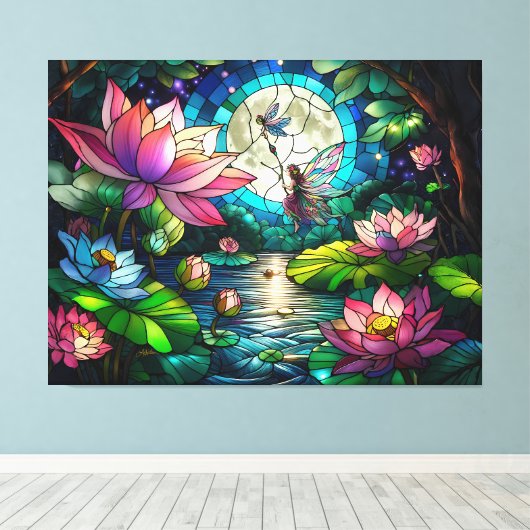 Stained Glass Little Fairy With Dragonfly Canvas Afdruk (Insitu (Houten vloer))