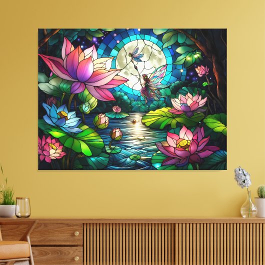 Stained Glass Little Fairy With Dragonfly Canvas Afdruk (Insitu (Woonkamer))