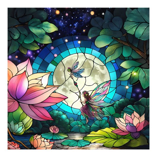 Stained Glass Little Fairy With Dragonfly Foto Afdruk (Voorkant)