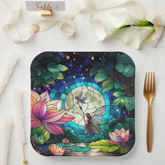 Stained Glass Little Fairy With Dragonfly Papieren Bordje (Huwelijk)
