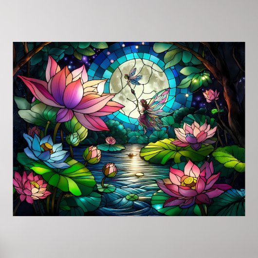 Stained Glass Little Fairy With Dragonfly Poster (Voorkant)