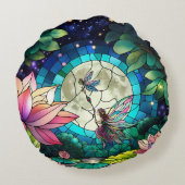 Stained Glass Little Fairy With Dragonfly Rond Kussen (Achterkant)