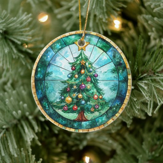 Stained Glass Look Christmas Tree & Star Holiday Keramisch Ornament (Boom)