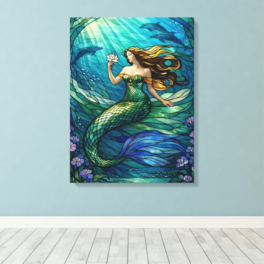 Stained Glass Mermaid Art Canvas Afdruk (Insitu (Houten vloer))