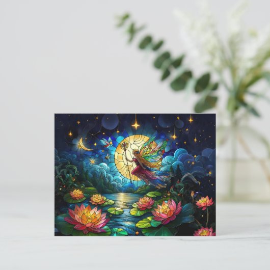 Stained Glass Moonlight Flight Fairy Briefkaart (Staand voorkant)
