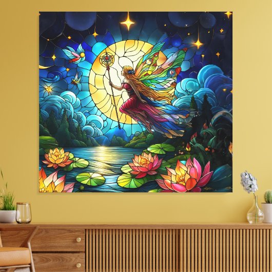 Stained Glass Moonlight Flight Fairy  Canvas Afdruk (Insitu (Woonkamer))